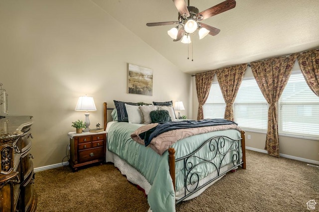 carpeted bedroom with baseboards, a ceiling fan, and lofted ceiling