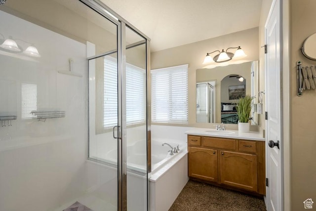 full bath with a bath, a stall shower, and vanity