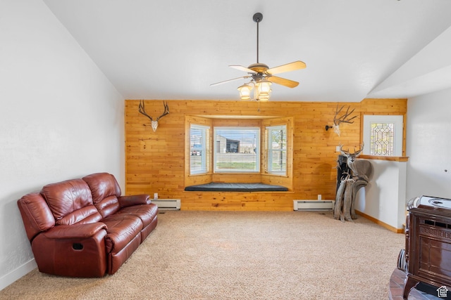 270 N 100 W, Goshen, UT 84633 - sitting room with carpet floors, a ceiling fan, wooden walls, a baseboard radiator, and a baseboard heating unit