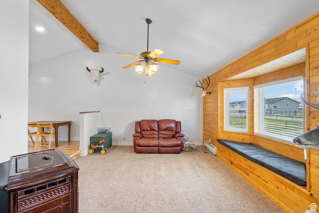 270 N 100 W, Goshen, UT 84633 - sitting room with carpet flooring, lofted ceiling with beams, a baseboard heating unit, and ceiling fan