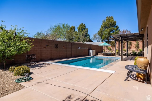 view of pool featuring a fenced in pool, a fenced backyard, a patio area, and a pergola