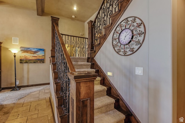 428 N Northstar Dr, St George, UT 84770 - staircase with stone tile flooring, beam ceiling, visible vents, baseboards, and recessed lighting