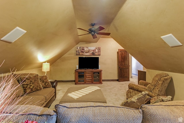 428 N Northstar Dr, St George, UT 84770 - carpeted living room with vaulted ceiling, a ceiling fan, and baseboards