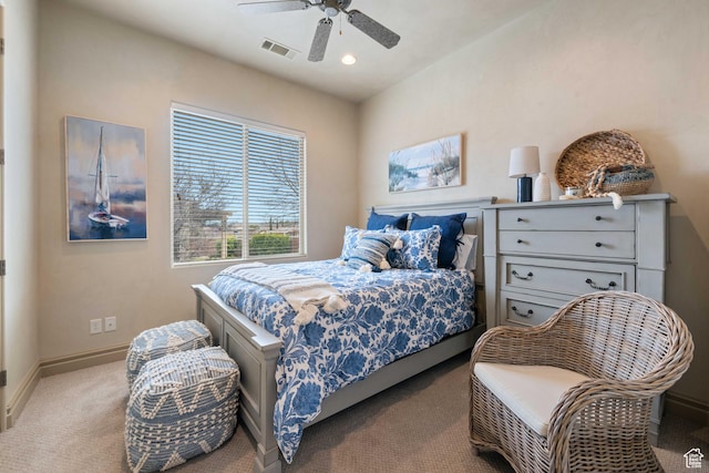 2653 Rio Lobo Dr, St George, UT 84770 - carpeted bedroom featuring baseboards, visible vents, recessed lighting, and a ceiling fan