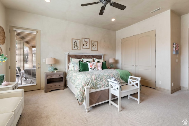 2653 Rio Lobo Dr, St George, UT 84770 - bedroom with a ceiling fan, light carpet, access to outside, visible vents, and recessed lighting