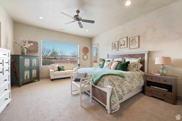 2653 Rio Lobo Dr, St George, UT 84770 - carpeted bedroom featuring visible vents, recessed lighting, and a ceiling fan