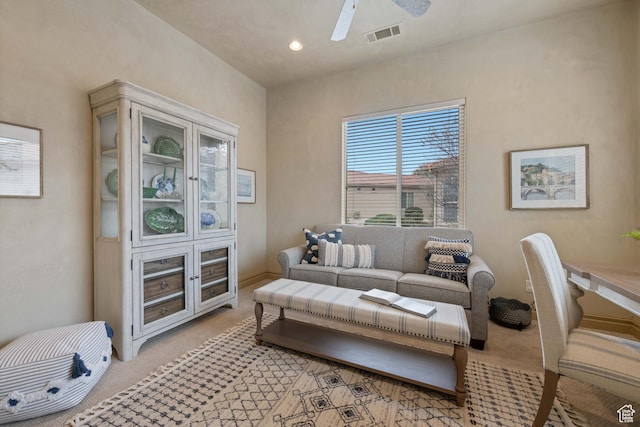 2653 Rio Lobo Dr, St George, UT 84770 - living room with ceiling fan, visible vents, recessed lighting, and light colored carpet