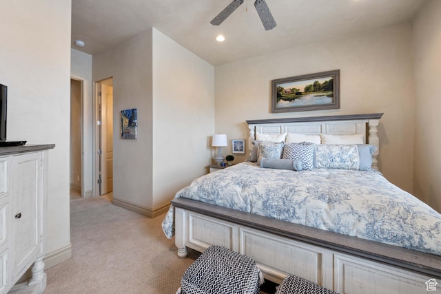 2653 Rio Lobo Dr, St George, UT 84770 - bedroom featuring light colored carpet, recessed lighting, baseboards, and a ceiling fan