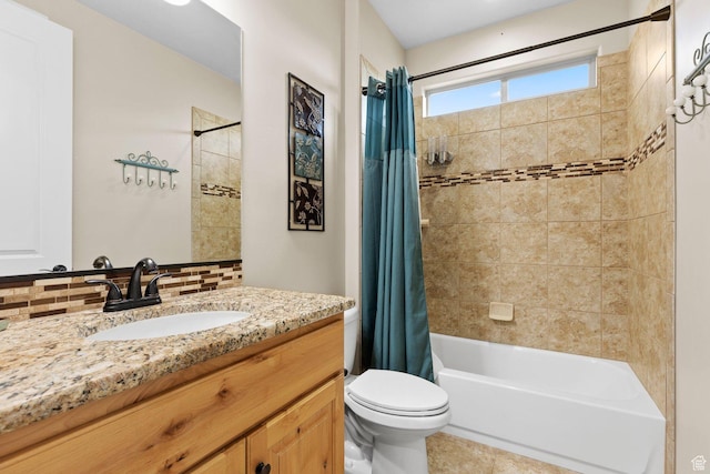 714 N Millcreek Springs Dr, Washington, UT 84780 - bathroom with toilet, shower / bathtub combination with curtain, tasteful backsplash, vanity, and tile patterned floors