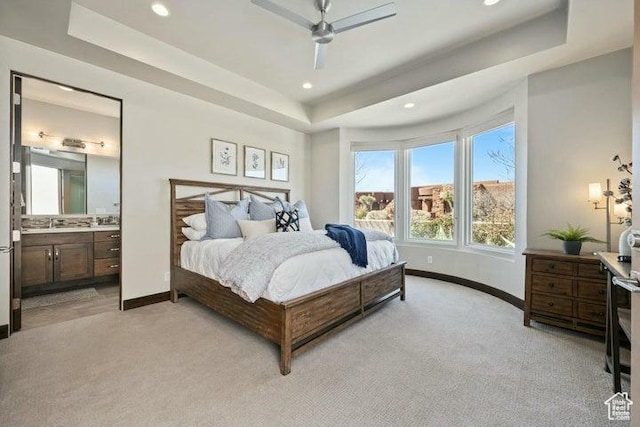 3052 N Snow Canyon Pkwy Unit 36, St George, UT 84770 - bedroom with a raised ceiling, light carpet, baseboards, and recessed lighting