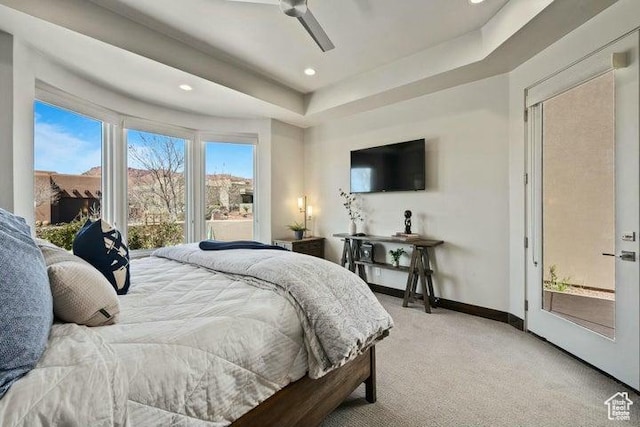 3052 N Snow Canyon Pkwy Unit 36, St George, UT 84770 - bedroom with baseboards, ceiling fan, recessed lighting, a raised ceiling, and light colored carpet