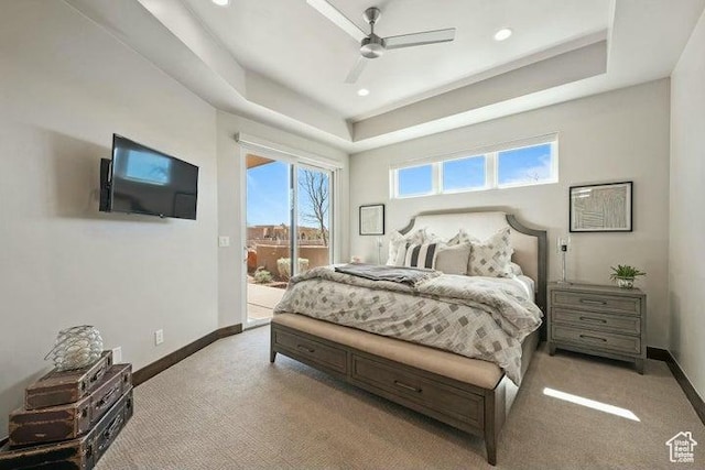 3052 N Snow Canyon Pkwy Unit 36, St George, UT 84770 - carpeted bedroom with access to exterior, a raised ceiling, baseboards, ceiling fan, and recessed lighting