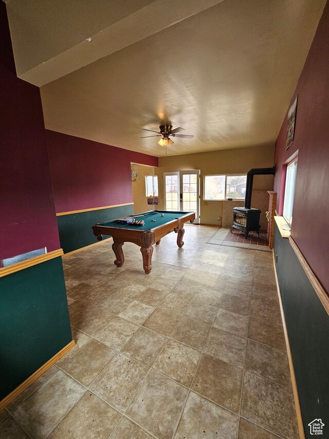 2350 S Red Creek Rd, Fruitland, UT 84027 - recreation room featuring pool table, ceiling fan, baseboards, and a wood stove