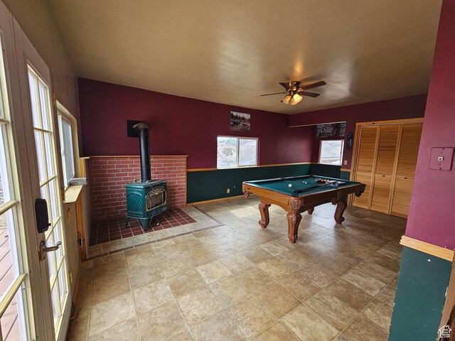 2350 S Red Creek Rd, Fruitland, UT 84027 - rec room featuring pool table, a wood stove, and a ceiling fan