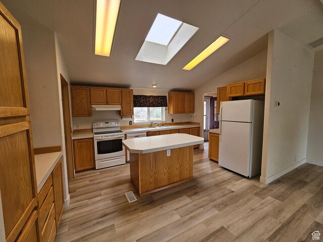 2350 S Red Creek Rd, Fruitland, UT 84027 - kitchen featuring light countertops, a sink, under cabinet range hood, white appliances, and visible vents