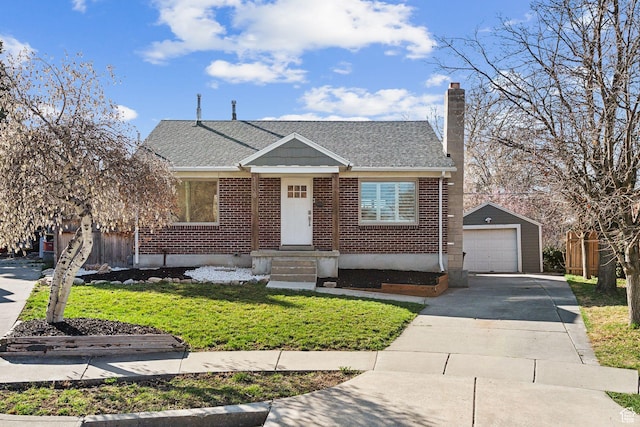 view of front of home featuring roof with shingles, concrete driveway, a chimney, an outbuilding, and brick siding