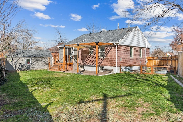 1138 E Hudson Ave, Salt Lake City, UT 84106 - rear view of house with a garden, a patio, a fenced backyard, brick siding, and a lawn