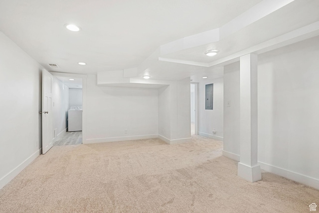 1138 E Hudson Ave, Salt Lake City, UT 84106 - finished below grade area featuring electric panel, light carpet, washer / dryer, baseboards, and visible vents