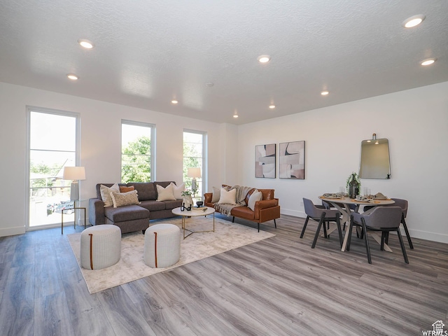 living room featuring baseboards, wood finished floors, recessed lighting, and a textured ceiling