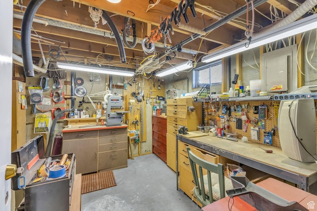 below grade area featuring a workshop area and electric panel