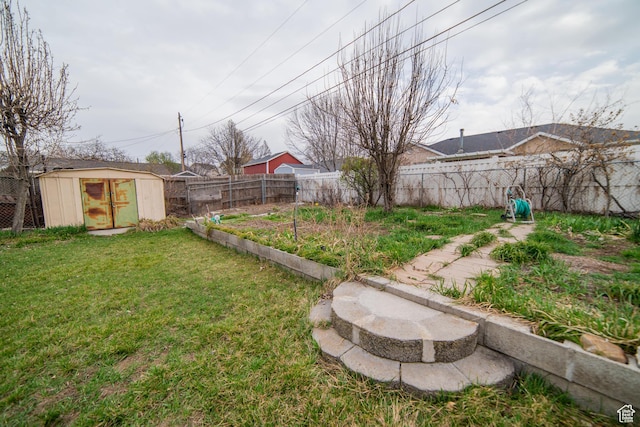 627 W La Salle Dr, Murray, UT 84123 - view of yard featuring a fenced backyard, an outdoor structure, a storage shed, and a vegetable garden