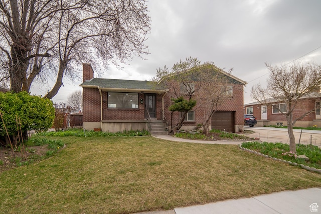 627 W La Salle Dr, Murray, UT 84123 - view of front facade featuring a chimney, a garage, concrete driveway, a front yard, and brick siding