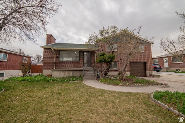 627 W La Salle Dr, Murray, UT 84123 - view of front of property featuring concrete driveway, a front yard, brick siding, a garage, and a chimney