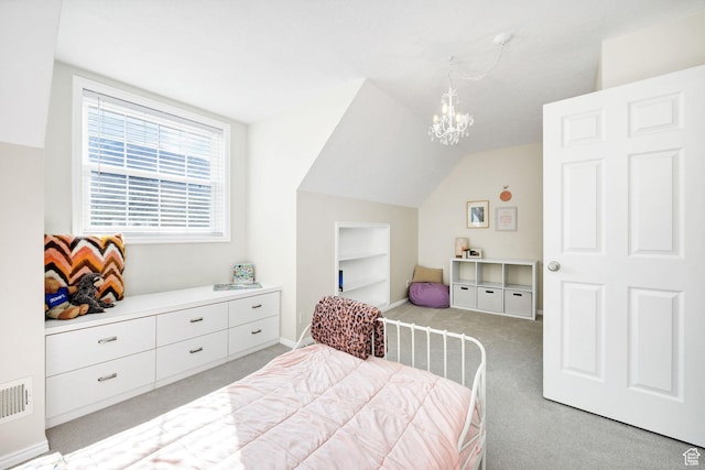 385 N 300 E, Providence, UT 84332 - carpeted bedroom with baseboards, vaulted ceiling, visible vents, and a chandelier