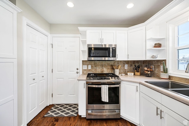 385 N 300 E, Providence, UT 84332 - kitchen featuring open shelves, a sink, dark wood-style floors, white cabinets, and appliances with stainless steel finishes