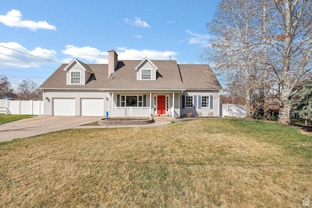 cape cod-style house with driveway, a front yard, and fence