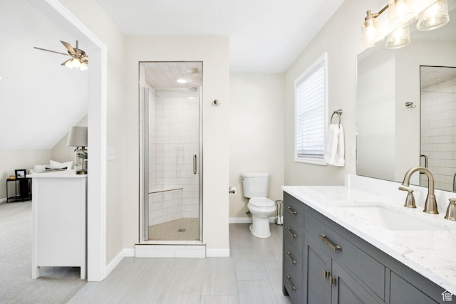 385 N 300 E, Providence, UT 84332 - bathroom with toilet, vanity, a stall shower, and baseboards