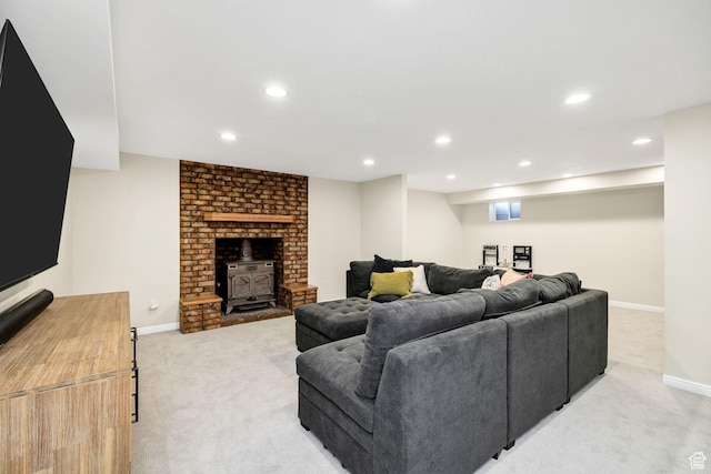 385 N 300 E, Providence, UT 84332 - living area with baseboards, a wood stove, recessed lighting, and light carpet