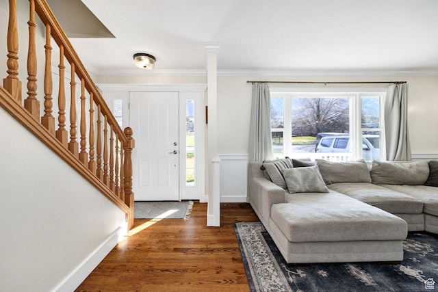 385 N 300 E, Providence, UT 84332 - foyer entrance with ornamental molding, dark wood-type flooring, stairs, and a wealth of natural light