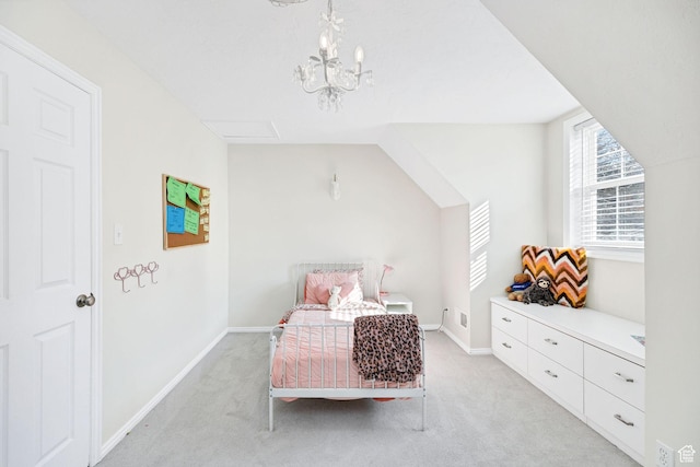 385 N 300 E, Providence, UT 84332 - bedroom with baseboards, vaulted ceiling, a notable chandelier, and light colored carpet