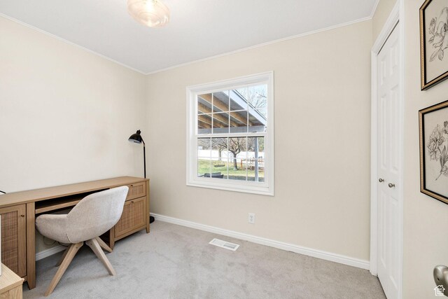 385 N 300 E, Providence, UT 84332 - office area featuring light carpet, baseboards, visible vents, and ornamental molding