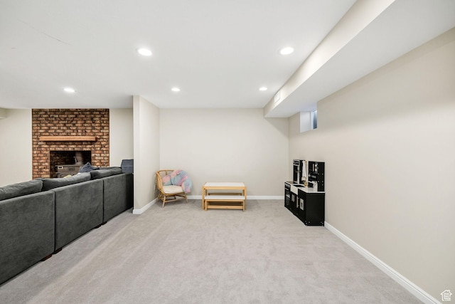 385 N 300 E, Providence, UT 84332 - living room featuring light carpet, baseboards, recessed lighting, and a brick fireplace