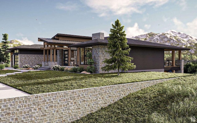912 W Summit Creek Dr, Woodland Hills, UT 84653 - view of front of home featuring a front lawn, a standing seam roof, and a chimney