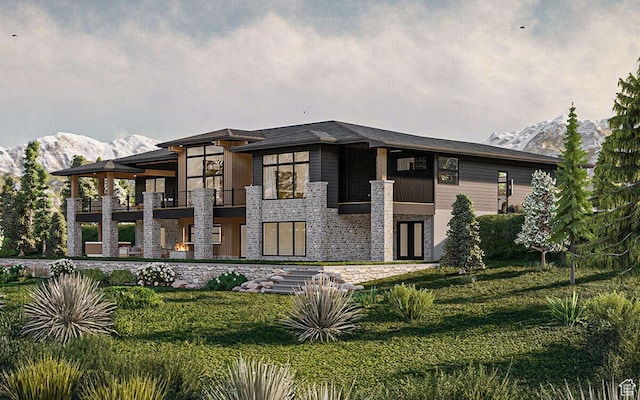 912 W Summit Creek Dr, Woodland Hills, UT 84653 - back of property featuring a balcony, a lawn, and a mountain view