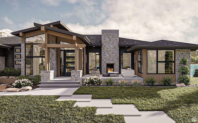 912 W Summit Creek Dr, Woodland Hills, UT 84653 - contemporary house with an outdoor stone fireplace, stone siding, and a front lawn