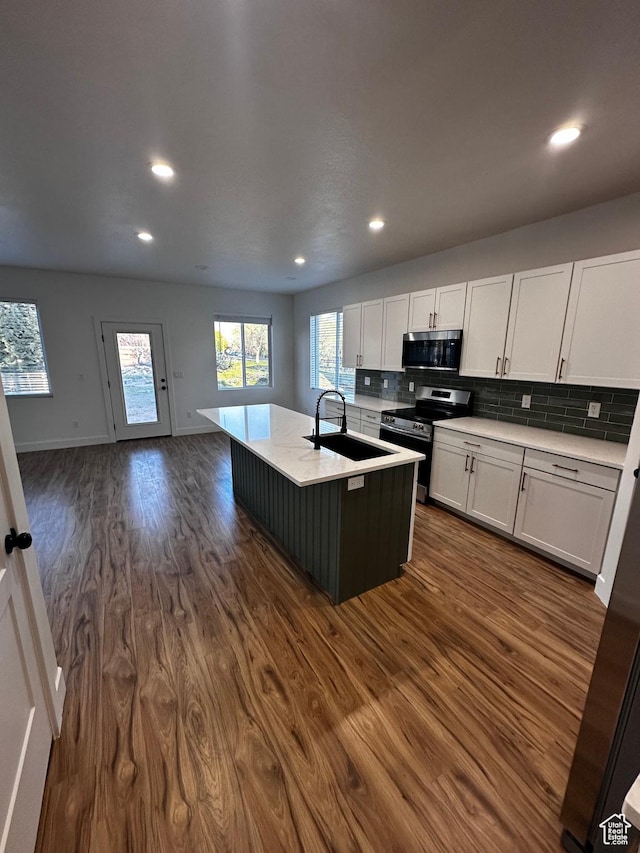 kitchen featuring recessed lighting, stainless steel appliances, dark wood-style flooring, and a sink