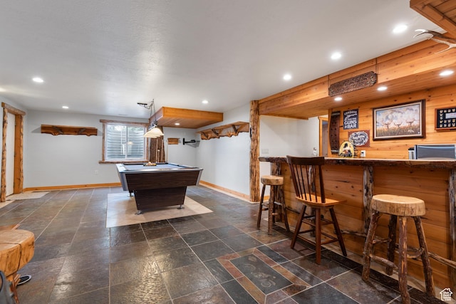 376 W Golden Harvest Rd, Draper, UT 84020 - game room featuring a bar, baseboards, pool table, and recessed lighting