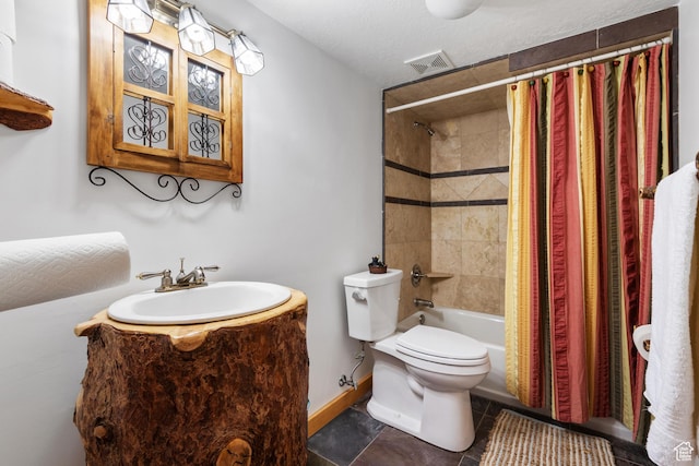 376 W Golden Harvest Rd, Draper, UT 84020 - full bath with a textured ceiling, visible vents, toilet, vanity, and shower / bath combo with shower curtain
