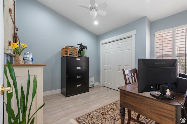 376 W Golden Harvest Rd, Draper, UT 84020 - office featuring a ceiling fan, baseboards, vaulted ceiling, and light wood-type flooring