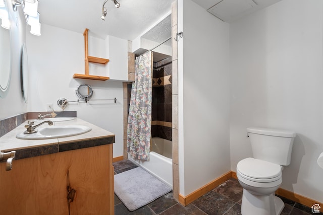 376 W Golden Harvest Rd, Draper, UT 84020 - full bathroom with vanity, toilet, baseboards, shower / bath combo with shower curtain, and stone finish flooring