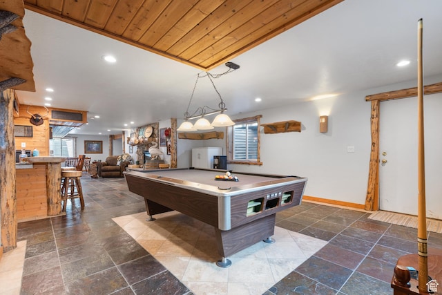 376 W Golden Harvest Rd, Draper, UT 84020 - recreation room with wood ceiling, billiards, stone tile flooring, baseboards, and recessed lighting