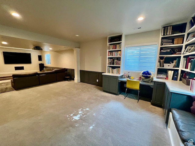 office with a wainscoted wall, light colored carpet, visible vents, recessed lighting, and ornate columns