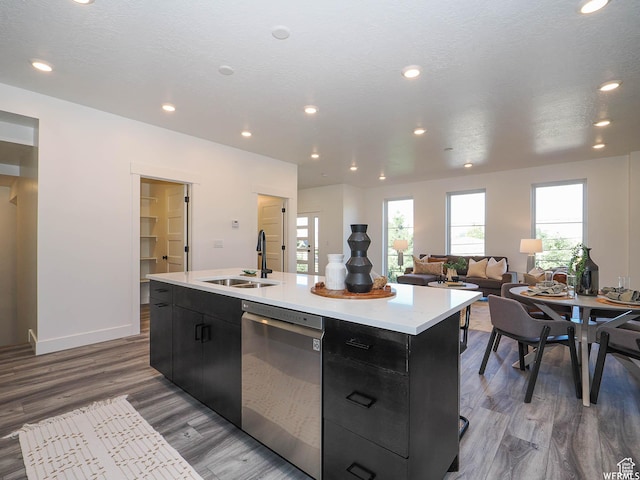 kitchen with stainless steel dishwasher, a sink, light countertops, and dark cabinetry