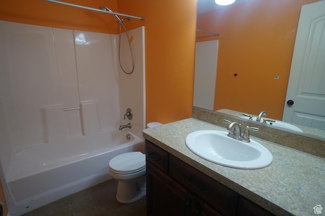 full bathroom featuring shower / tub combination, toilet, tile patterned flooring, and vanity