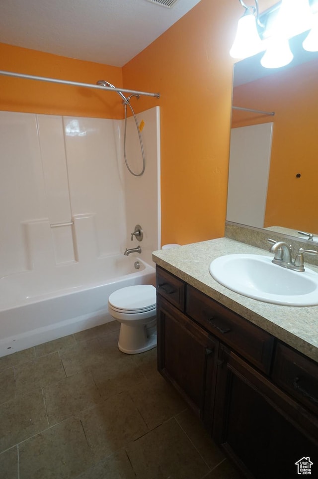 full bathroom featuring shower / bath combination, visible vents, toilet, and vanity