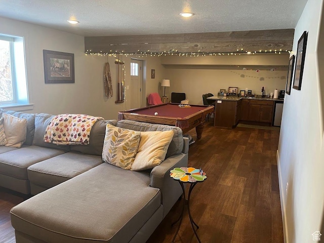 1869 Southpointe Ct, Logan, UT 84341 - recreation room featuring a textured ceiling, billiards, baseboards, and dark wood-style flooring